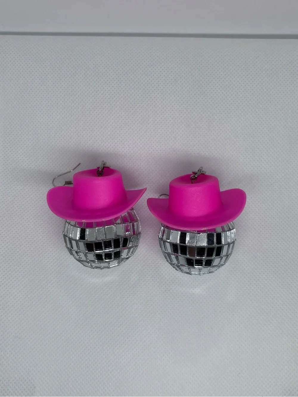 Vibrant Pink Cowboy Hat Disco Ball Earrings for Women